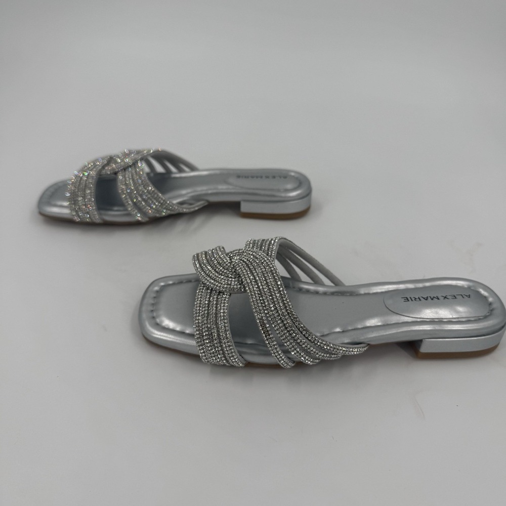 Alex Marie Women's Size 6M Silver Rhinestone Crystal Flat Slide Sandals